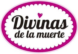 Logotipo ovalado con fondo blanco y borde rosa que dice "Divinas de la muerte" con un pequeño corazón.