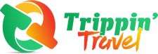 Logo with colorful suitcase and text: "Trippin' Travel".