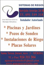 Tarjeta de presentación de servicios de riego, piscinas y placas solares en Mérida.