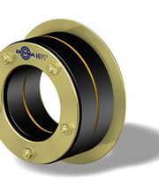 Rundes, metallisches Rohrdichtungselement mit Schrauben an der Außenseite, seitlich abgebildet.