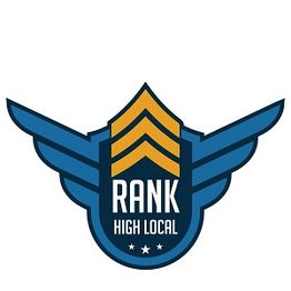 Blue and gold badge with wings, text: "RANK HIGH LOCAL" and three stars at the bottom.