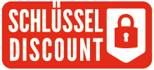 Rotes Schild mit der Aufschrift "SCHLÜSSEL DISCOUNT" und einem Schloss-Symbol.