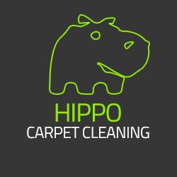 Outline of a hippo with "Hippo Carpet Cleaning" text in green on a dark background.