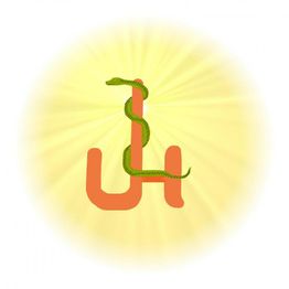 Orange Buchstaben „JH“ mit grüner Schlange, umgeben von gelbem Licht.