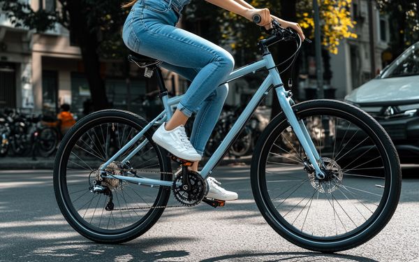 Frau sitzt auf einem hellblauen Mountainbike und fährt durch die Stadt.