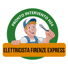 Logo con un elettricista sorridente e scritta "Pronto Intervento H24 - Elettricista Firenze Express".