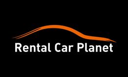 Logo de "Rental Car Planet" con línea naranja semblante a un coche sobre fondo negro.