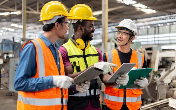 Drei Mitarbeitende in Schutzkleidung und Helmen besprechen gemeinsam Arbeitsschutzmaßnahmen in einer Produktionshalle.