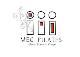 Logo de MEC Pilates, ilustración abstracta en negro y rojo con texto "Mente. Espíritu. Cuerpo".