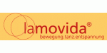 Logo mit zwei Kreisen, Text "lamovida: bewegung, tanz, entspannung" auf gelbem Hintergrund.