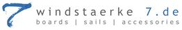 Logo: "windstaerke 7.de" mit blauem 7; Text: "boards | sails | accessories".