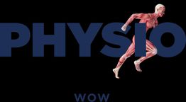 Figura de músculos corriendo sobre la palabra "PHYSIO" y "WOW" en el fondo oscuro.