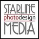 Graues Logo mit Schriftzug „Starline Photodesign Media“ in Schwarz und Rot.
