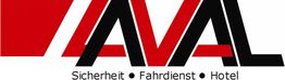 Logo mit dem Text "AVAL", darunter "Sicherheit ● Fahrdienst ● Hotel" auf weißem Hintergrund.