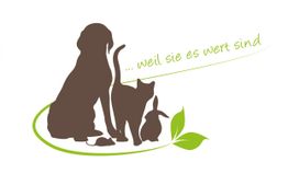 Silhouette von Hund, Katze und Kaninchen mit Schriftzug: "...weil sie es wert sind", grüne Blätter.
