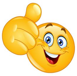 Fröhlicher gelber Smiley mit Daumen hoch und breitem Lächeln.