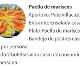 Menú con paella de mariscos y opciones de bebidas y postres por 2 € más por persona.