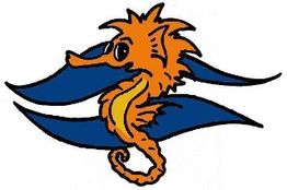 Illustration eines orangefarbenen Seepferdchens mit blauen Flossen auf weißem Hintergrund.