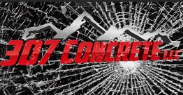 Text "307 Concrete LLC" over shattered glass and mountain design.