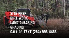 Red Kubota machine clearing land with text offering site prep, dirt work, and grading services.