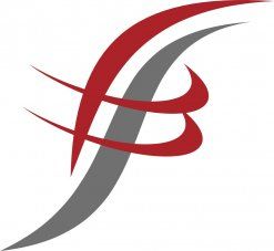 Abstraktes Logo in Rot und Grau mit geschwungenen Linien und Buchstabenformen.