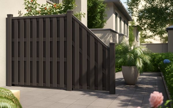 WPC-Sichtschutz inklusive Endteil auf hell gefliester Terrasse.