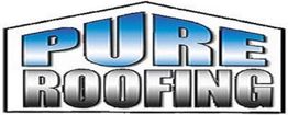 Text saying "PURE ROOFING" in bold gradient blue and black colors on a house-shaped background.