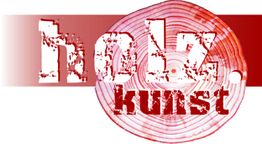 Text "holz.kunst" auf einem roten Holzschnitt-Hintergrund.