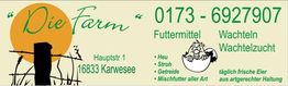 "Die Farm" mit Sonnenuntergang, Kontaktnummer, Adresse in Karwesee, Futter und Wachteln.