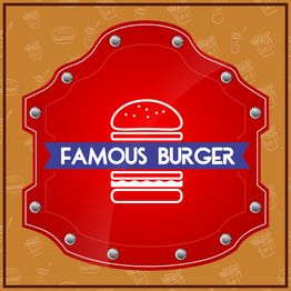 Placa vermelha com desenho de hambúrguer e texto “Famous Burger” em fundo marrom com ícones.