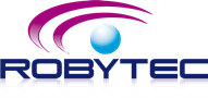 Logo de ROBYTEC con un diseño de aro rosa y esfera azul sobre texto.