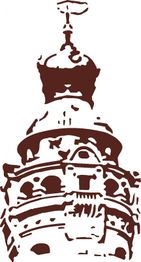 Schlichte Grafik eines Glockenturms mit Verzierungen, braun-weiß dargestellt.