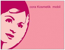 Pinkes Plakat mit stilisiertem Frauenkopf und Text "cora Kosmetik mobil" oben rechts.