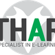 Logo van THAR: Specialist in E-learning, met grijze achtergrond en groene 'A'.