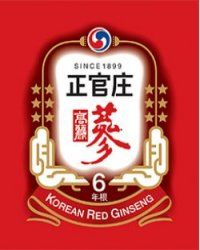 Korean red ginseng logo with traditional symbols and text since 1899 on a red background.