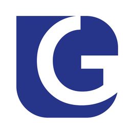 Blaues Quadrat mit weißem G im Inneren, modern und minimalistisch gestaltet.