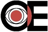 Logotipo con las letras "O" y "E", un ojo en el centro, círculos y un triángulo.