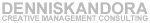 Textlogo: "DENNISKANDORA CREATIVE MANAGEMENT CONSULTING" in Grau auf weißem Hintergrund.