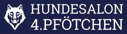 Logo eines Hundesalons mit Wolfskopf und Text "Hundesalon 4.Pfötchen" auf dunkelblauem Hintergrund.