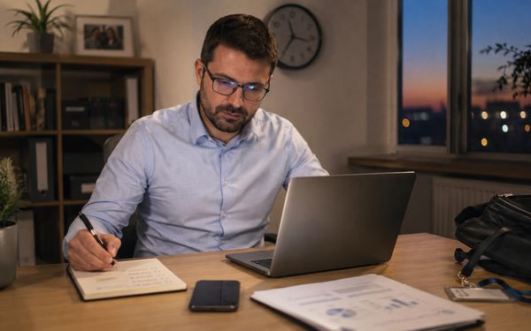 Berufstätiger Mann arbeitet abends nach Feierabend am Schreibtisch mit Laptop, Notizbuch und Unterlagen an seiner nebenberuflichen Selbstständigkeit.