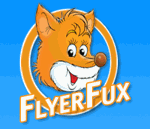 Comic-Fuchslogo mit dem Text "FLYERFUX" auf blauem Hintergrund.