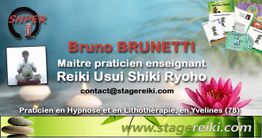Publicité colorée pour Bruno Brunetti, maître Reiki, avec lotus et détails de contact.