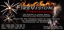 Text "FireVision Pyrotechnik" mit Feuerwerkseffekten im Hintergrund. Kontaktinfos unten.