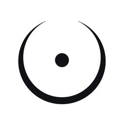 Cirkel med en sort prik i midten og buet streg over, på hvid baggrund.