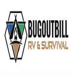 Logo with a tent, campfire, and words "Bugoutbill RV & Survival" in bold letters.