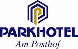 Logo des "Parkhotel Am Posthof" mit stilisiertem Buchstaben "P" in Blau und Gold.