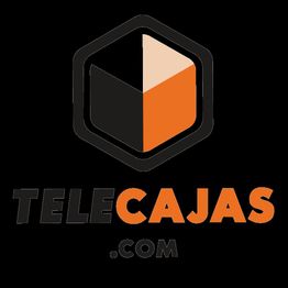 Logotipo de TeleCajas.com con diseño hexagonal en negro y naranja.