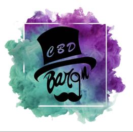 Logo mit Zylinder und Schnurrbart, Text "CBD Baron", vor lila-grünem Rauchhintergrund.