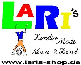 Bunte LARI's Kindermode Werbung mit hängendem Kind. Neu und Second-Hand. www.laris-shop.de