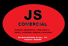 Logotipo JS Comercial em fundo preto com informações de produtos e endereço em texto vermelho.